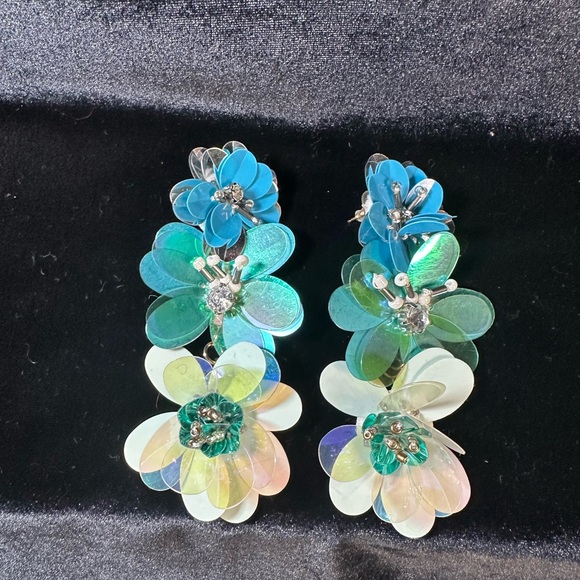Floral Blue and Green Iridescent Paillette Dangle Earrings - Picture 2 of 4